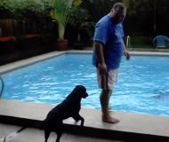 Mannen står vid poolkanten, men kolla in vad hunden hittar på då. Gapskratt!